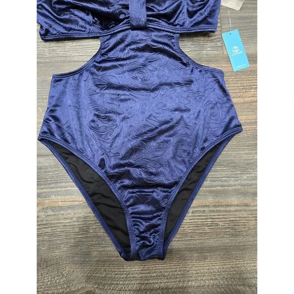 NWT Cupshe Women's Cutout Floral Blue Tonal Velvet One Piece Swimsuit Large - Picture 7 of 10